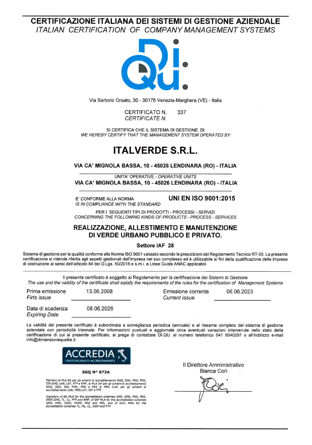 Certif.nr.337 - ITALVERDE SRL