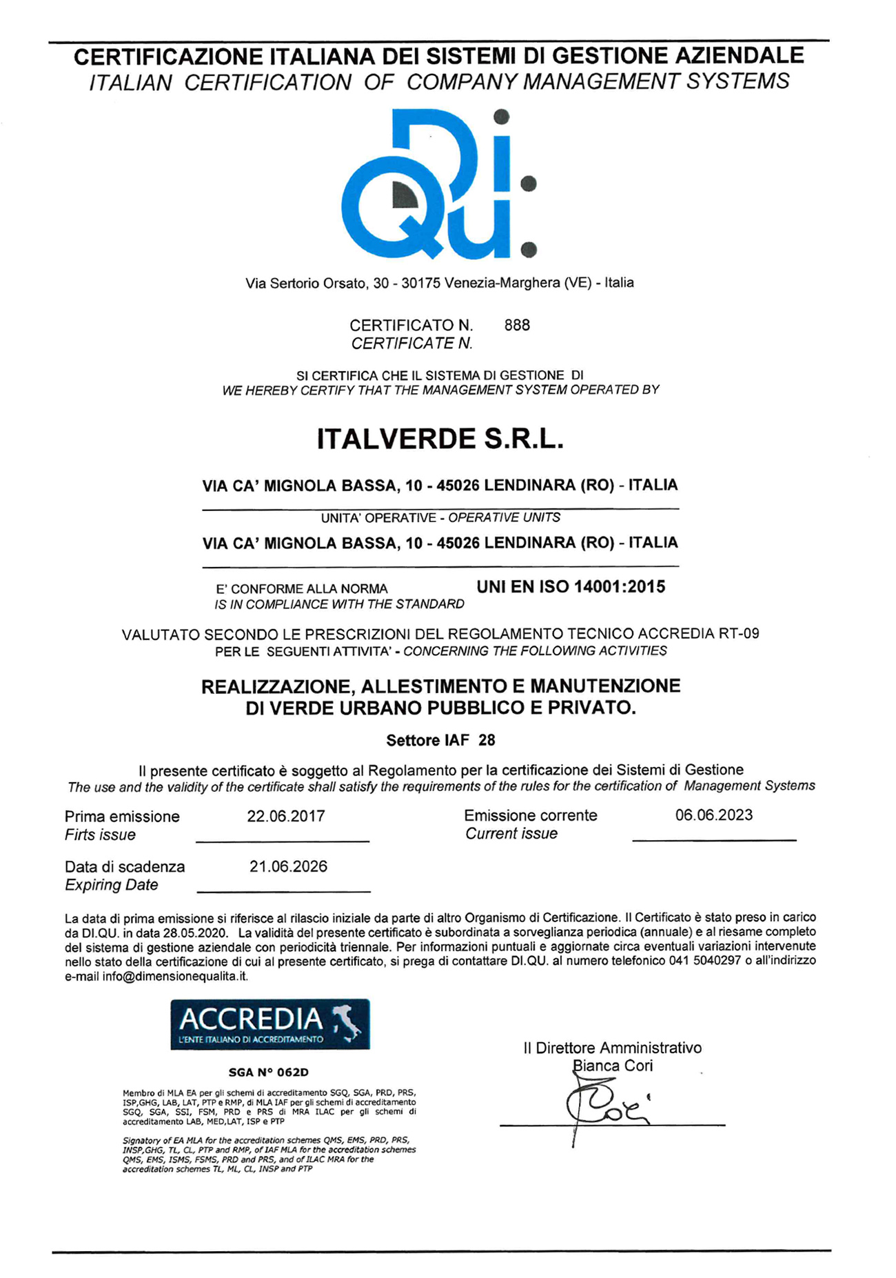 Certif.nr.888 - ITALVERDE SRL